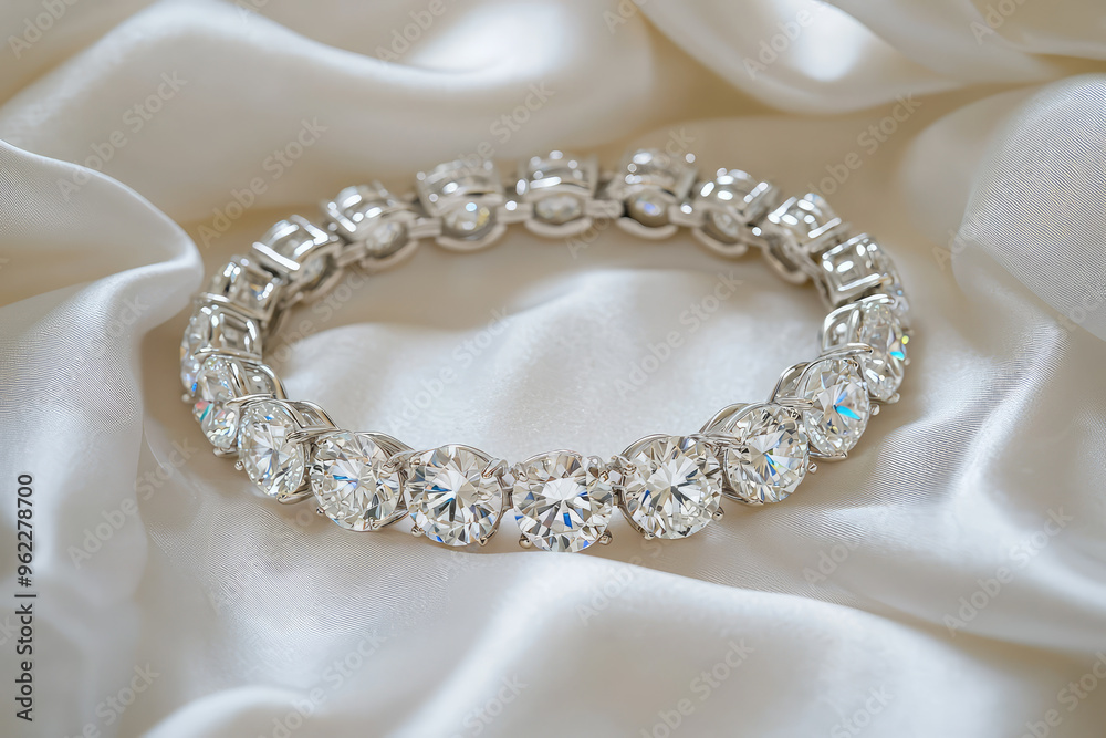 A Luxurious Diamond Bracelet, Gleaming on Soft White Silk, Capturing the Essence of Opulence and Elegance. A Luxurious Diamond Bracelet, Gleaming on Soft White Silk, Capturing the Essence of Opulence and Elegance.