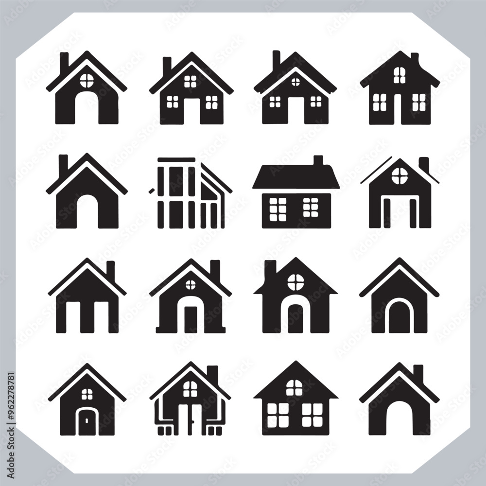 Fototapeta premium Black silhouettes of houses and cottages, home property logo set package, home button, residential building, country cottage, apartment vector illustrations.