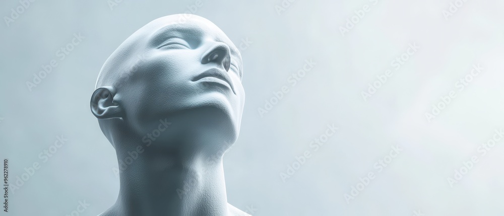 A serene mannequin gazing upwards in soft light against a gray backdrop A serene mannequin gazing upwards in soft light against a gray backdrop