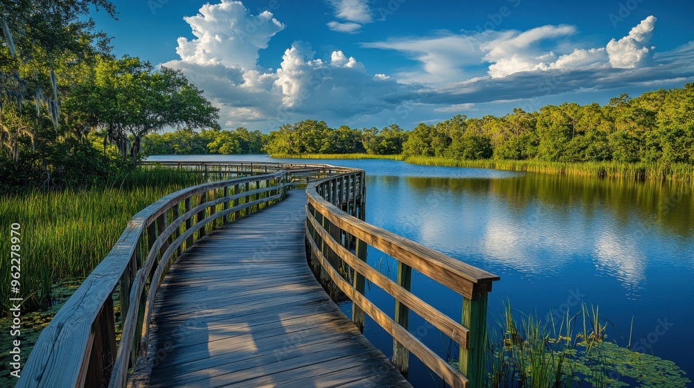 Fototapeta premium A scenic view of a Florida lake with a boardwalk winding through wetlands and mangroves