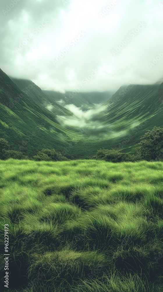 Fototapeta premium Lush green valley, mist-covered mountains, rolling hills, atmospheric light; ideal for nature and la