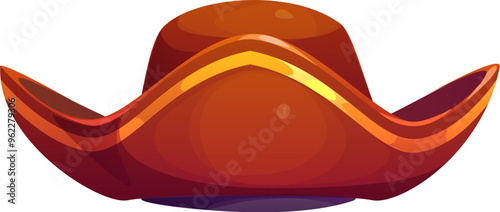 Cartoon pirate tricorn cocked hat, corsair captain headwear. Isolated vector buccaneer headdress of brown color with golden trim and curved brim, symbol of rover swashbuckling spirit on the high seas
