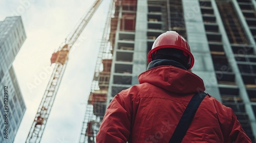 Wallpaper Mural construction worker in a hard hat operating a crane at a busy building site, copy space Torontodigital.ca