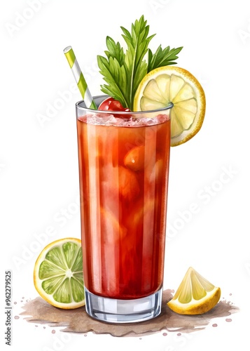 Bloody Mary cocktail in tall highball glass, with a sprig of celery and lemon slice, on perfect white background, big copy space, illustration