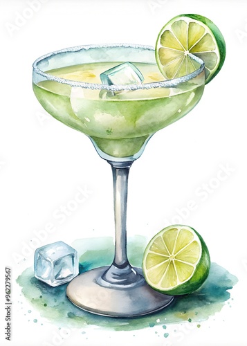 Margarita cocktail in elegant glass with salty edges, of light color, with two ice cubes and lime slice, on perfect white background, big copy space, illustration