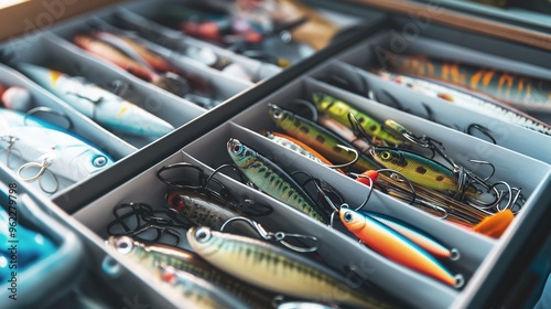 A Vibrant Collection of Fishing Lures in a Tackle Box Showcasing Diverse Colors, Shapes, and Sizes for All Anglers photo