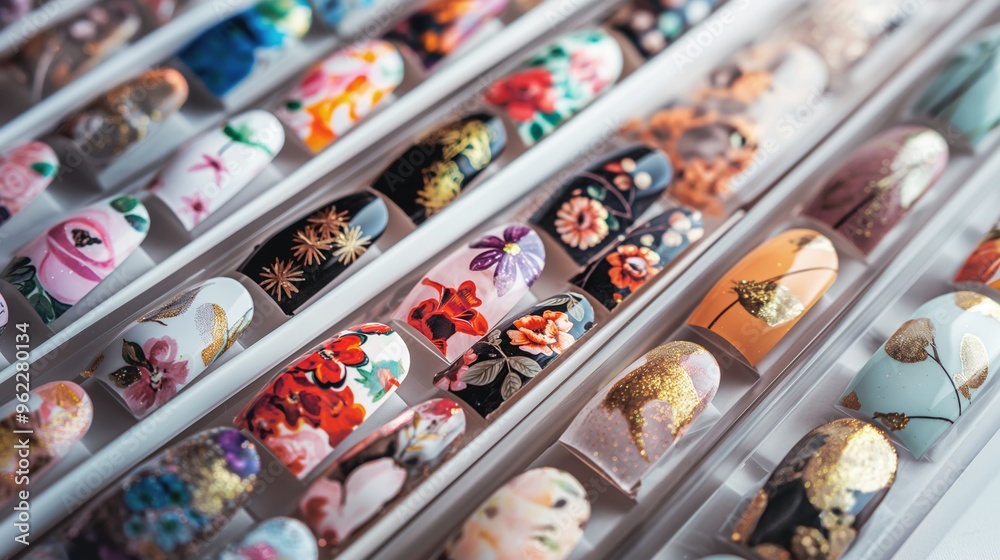 A Close-Up Look at Colorful and Unique Nail Art Designs Featuring Floral Patterns, Polka Dots, Stripes, and Glitter Accents. A Close-Up Look at Colorful and Unique Nail Art Designs Featuring Floral Patterns, Polka Dots, Stripes, and Glitter Accents.