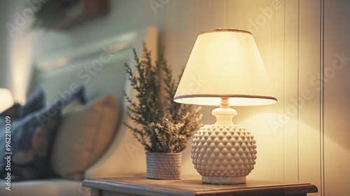 Elegant table lamp with a white shade on the nightstand near the bed in the bedroom. Soft warm light. photo