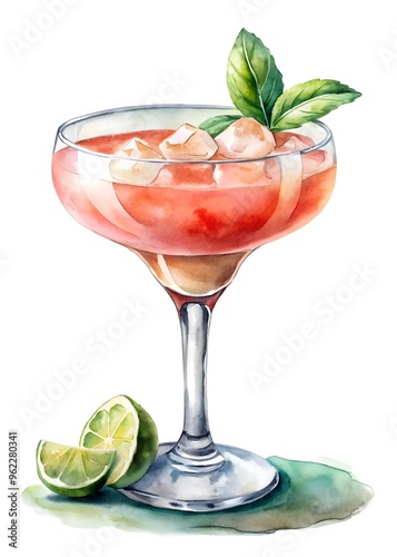 Daiquiri cocktail in elegant coupe glass, made of rum of light color, with two ice cubes, on perfect white background, big copy space, illustration