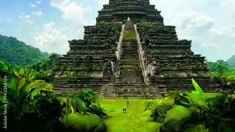 Exploring the ancient temple amidst lush greenery in a tropical paradise with visitors climbing the steps Exploring the ancient temple amidst lush greenery in a tropical paradise with visitors climbing the steps