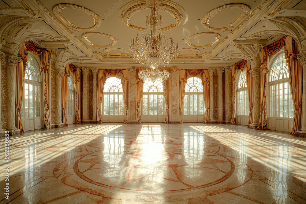 Obraz premium A Sunlit Symphony of Elegance: A Grand Ballroom Basking in Golden Light