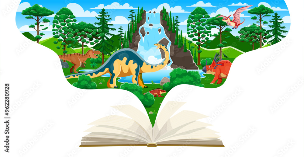 Ταπετσαρία Opened school textbook with prehistoric dinosaurs characters in jungle Jurassic era landscape with waterfall, lush greenery and trees