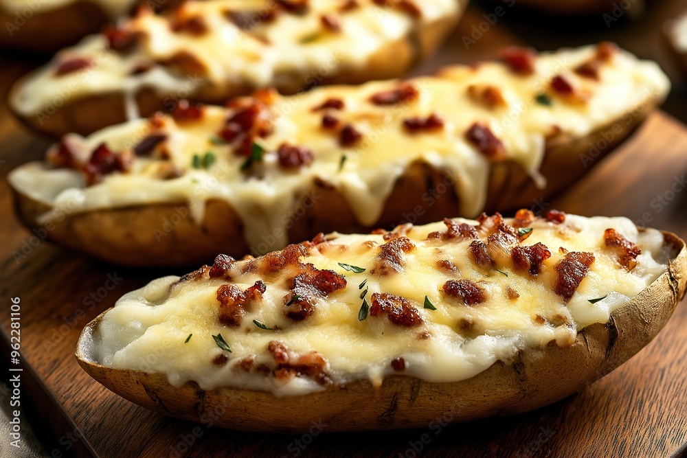 Cheesy baked potato skins with mashed potatoes and bacon on wooden board, perfect for casual dining. Cheesy baked potato skins with mashed potatoes and bacon on wooden board, perfect for casual dining.