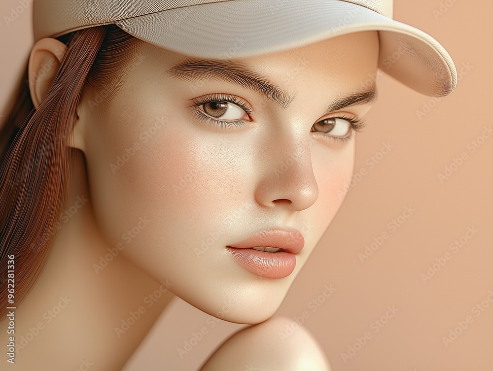 Blonde woman in beige cap, glowing in soft light, features smooth skin and neutral expression in dig Blonde woman in beige cap, glowing in soft light, features smooth skin and neutral expression in dig