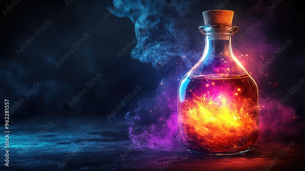Enchanting Colorful Magic Potion in a Bottle with Fire and Smoke on Black Background Enchanting Colorful Magic Potion in a Bottle with Fire and Smoke on Black Background