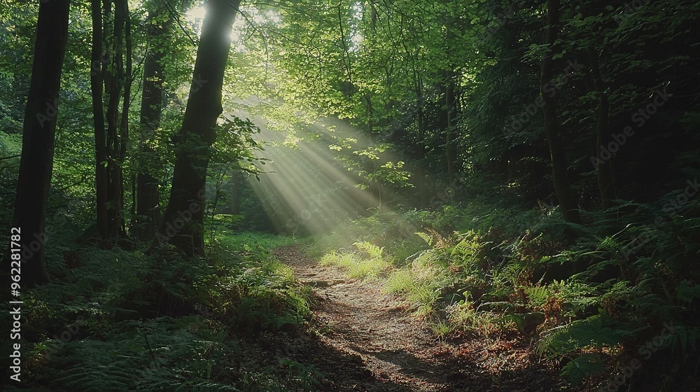Obraz premium A path in the middle of a forest, bathed in sunlight filtering through the tree canopies on both sides