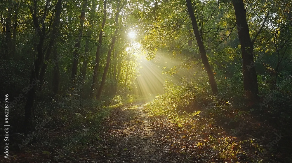 Fototapeta premium Sun shining through leaves on a forest trail