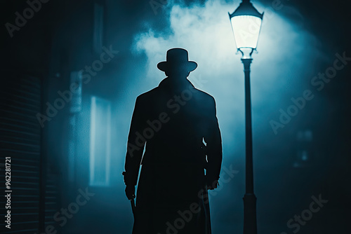 A shadowy figure, cloaked in mystery, walks through a misty street bathed in the soft glow of a single lamppost. The air is heavy with secrets, and the figure's destination remains unknown. photo