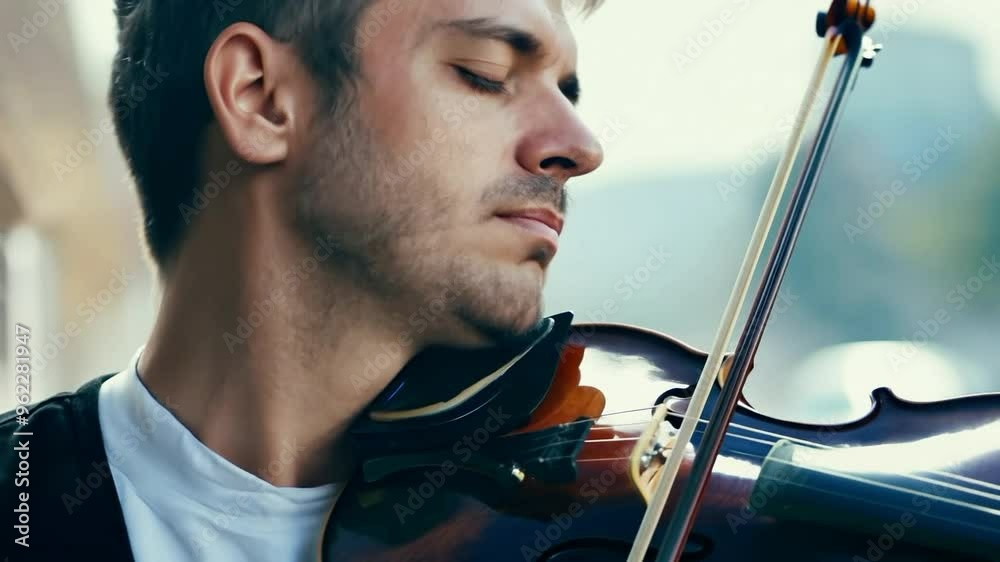 A talented musician plays the violin on a busy street during a sunny afternoon, captivating passersby with soulful melodies