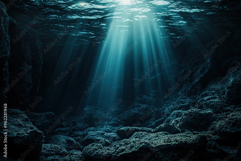 Obraz premium A Beam of Light Pierces the Dark Depths, Illuminating the Ocean Floor and Revealing a Rocky Landscape.