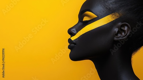 Striking Profile Portrait of a Woman with Bold Black and Yellow Color Scheme, Featuring a Yellow Stripe on Her Face, Black Background, and Yellow Backdrop