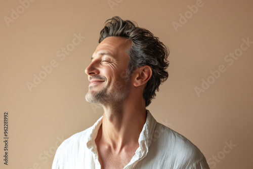 a close up of a man's face looking to a side