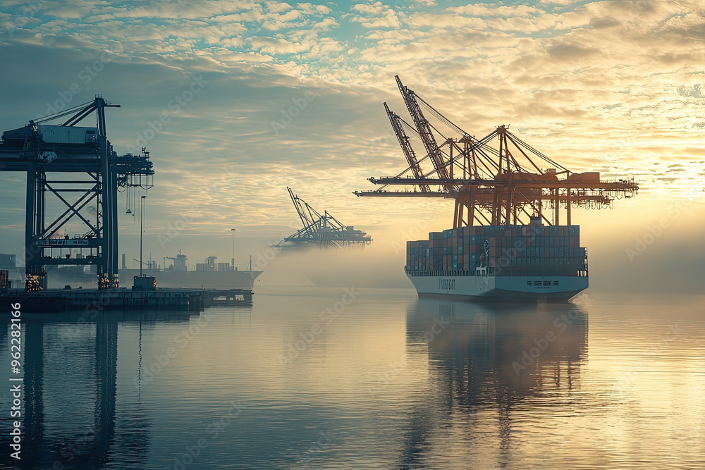 Fototapeta premium A majestic cargo ship glides through a misty sunrise, its silhouette casting a long shadow on the tranquil water. The cranes stand tall, ready for the day's work.
