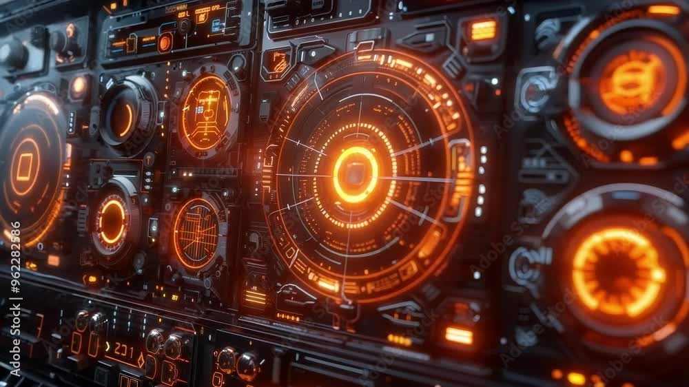 Complex network of digital displays and glowing indicators is showing real time market trends and financial performance metrics Complex network of digital displays and glowing indicators is showing real time market trends and financial performance metrics
