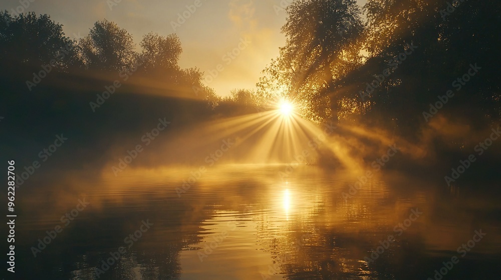 The sun brilliantly pierces the haze above the water's serene surface, casting an ethereal reflection in the tranquil depths of the lake The sun brilliantly pierces the haze above the water's serene surface, casting an ethereal reflection in the tranquil depths of the lake