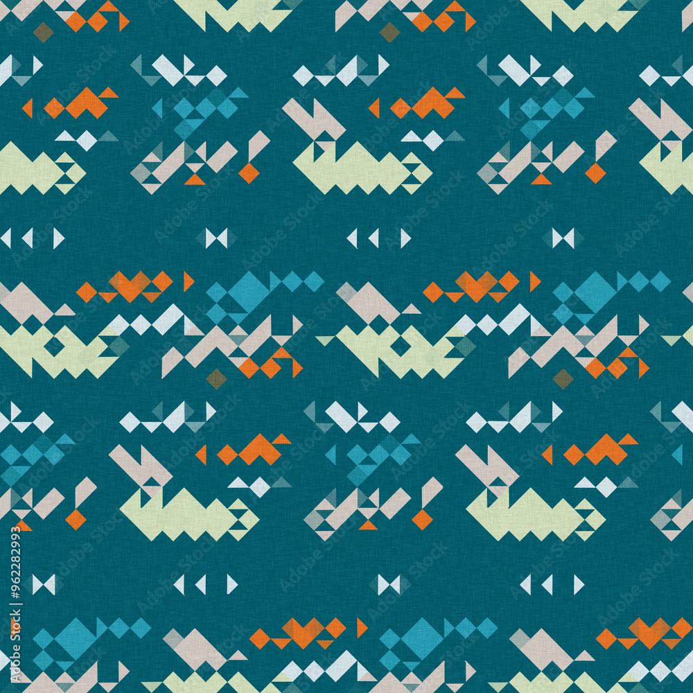 Simple glitch geometric seamless abstract pattern with playful woven summer color. Bright whimsical gender neutral bold irregular shape textile Cotton effect background. 