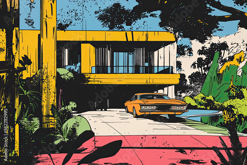 A Classic Car Parked Under a Yellow House, Vibrant Colors and Bold Lines Create a Nostalgic Comic Book Style Scene. photo