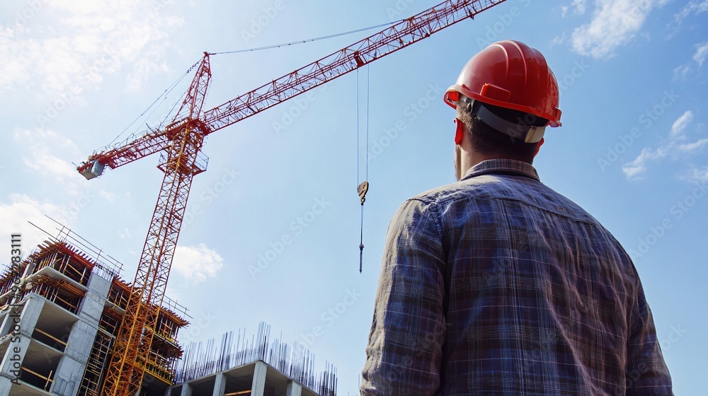 A construction worker in a hard hat operating a crane at a busy building site, copy space A construction worker in a hard hat operating a crane at a busy building site, copy space