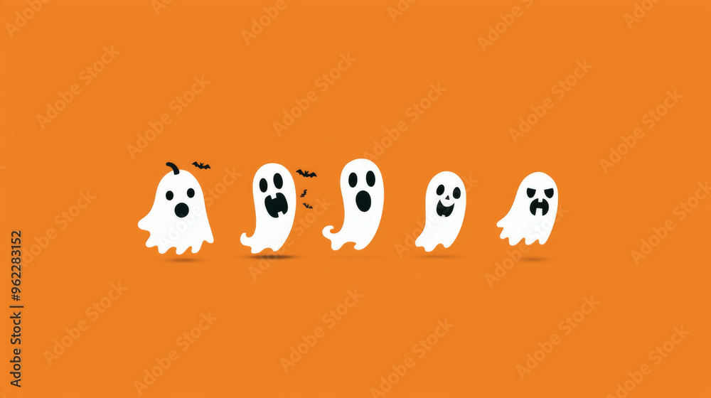 Fototapeta premium Cute Cartoon Halloween Ghosts on Orange Background