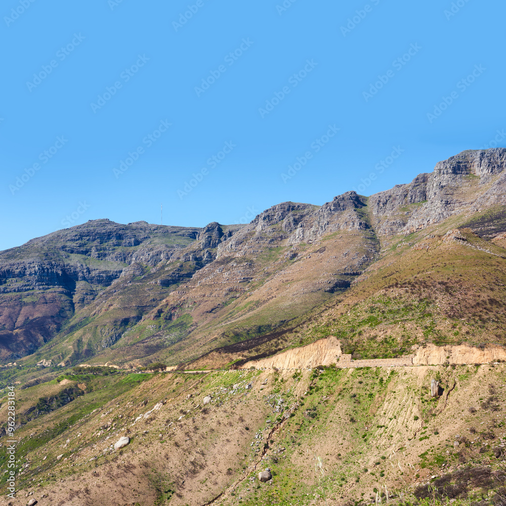 Fototapeta premium Environment, park and landscape with mountain in nature for ecology, travel and growth. Habitat conservation, ecosystem preservation and biodiversity with sustainability and rock for ecotourism