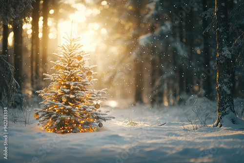 A solitary Christmas tree adorned with golden lights and ornaments stands tall amidst a snow-covered forest, bathed in the warm glow of a winter sunset.