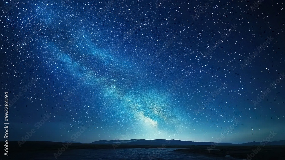 The sky is illuminated by stars while the Milky Way glows above the mountains, casting a reflection on the water below The sky is illuminated by stars while the Milky Way glows above the mountains, casting a reflection on the water below