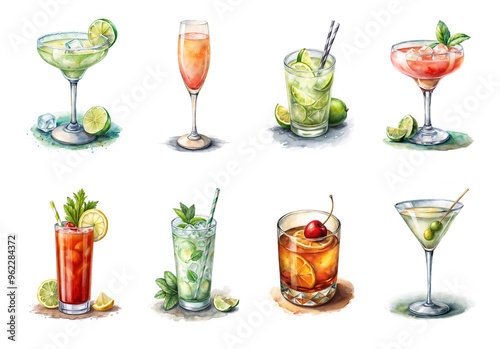 Set of alcoholic cocktails in apt glasses, on perfect white background, big copy space, illustration