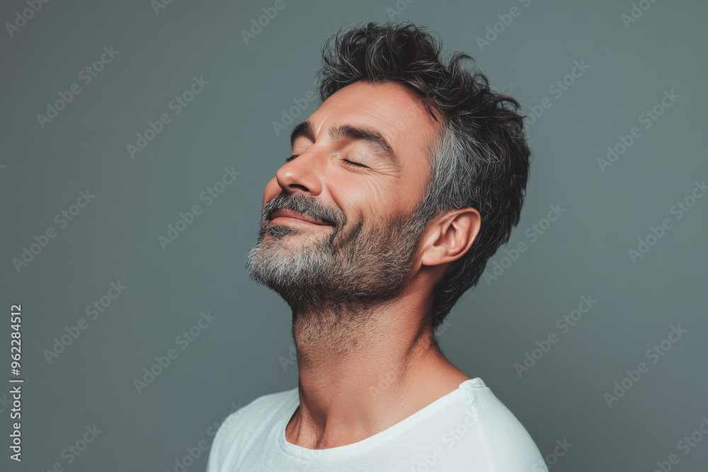 a close up of a man's face looking to a side