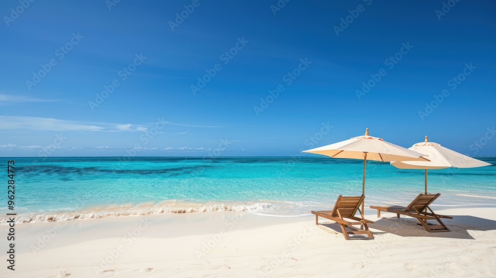 Relaxing Beach Scene with Lounge Chairs and Umbrellas Relaxing Beach Scene with Lounge Chairs and Umbrellas