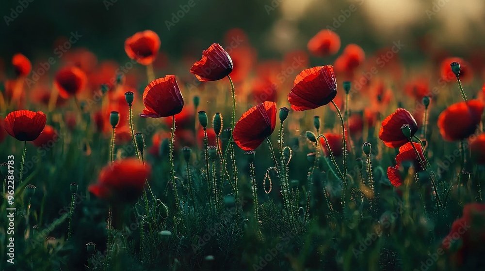 Obraz premium A field brimming with multitudes of crimson blossoms adjacent to a woodland lush with verdant undergrowth and towering foliage
