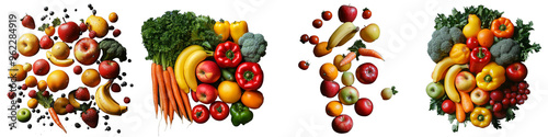 Variety of fresh fruits and vegetables including apples, carrots, and peppers on a transparent background