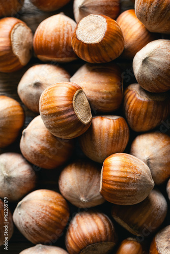 Hazelnut, fresh organic filbert, nuts macro, food background, vertical framing.