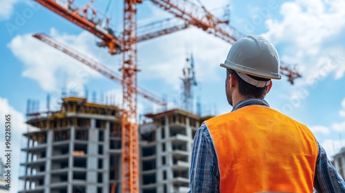 A construction worker in a hard hat operating a crane at a busy building site, copy space 