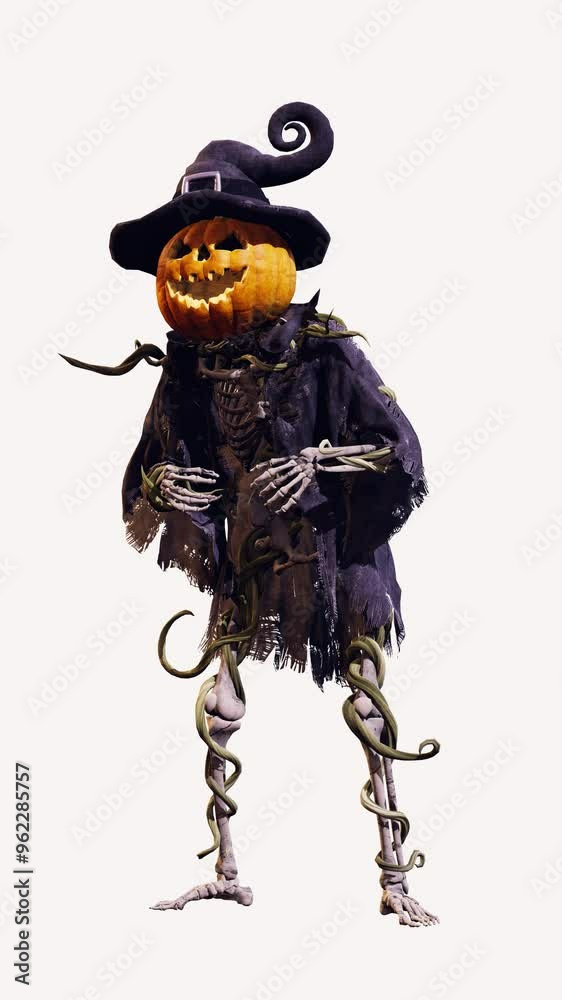 Funny pumpkin Jack o lantern with skeleton body in old torn robe on white screen. Halloween 3D animation for greeting cards, invitations, posters, events, parties Funny pumpkin Jack o lantern with skeleton body in old torn robe on white screen. Halloween 3D animation for greeting cards, invitations, posters, events, parties