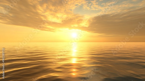 Golden sunset over a calm ocean with a single cloud in the sky.