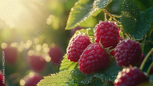  A few raspberries on a bush, glistening with water drops under a bright sky