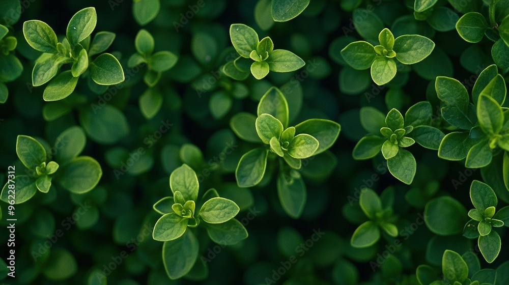   A close-up of various plants featuring green foliage, set against a dark backdrop