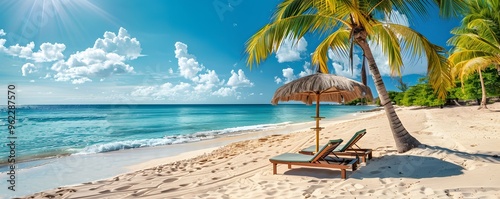 An extended beach panorama with fine white sand, tall, swaying palm trees, and two sunbeds under a generously sized umbrella