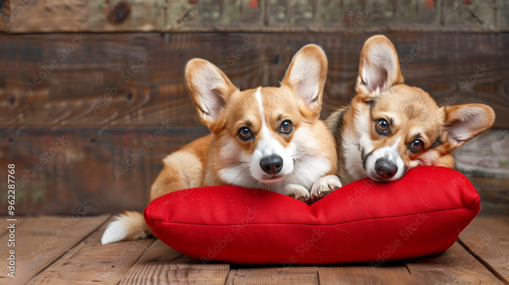 Two Happy Corgis on a Red Pillow – Wooden Bench Background Two Happy Corgis on a Red Pillow – Wooden Bench Background