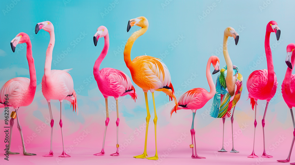 Fototapeta premium A group of quirky adorable pink flamingos in trendy outfits and glasses are getting together for a glamorous party. space for text.